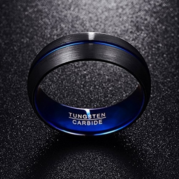 Black Tungsten Thin Blue Line Police Ring Band - Picture 5 of 8